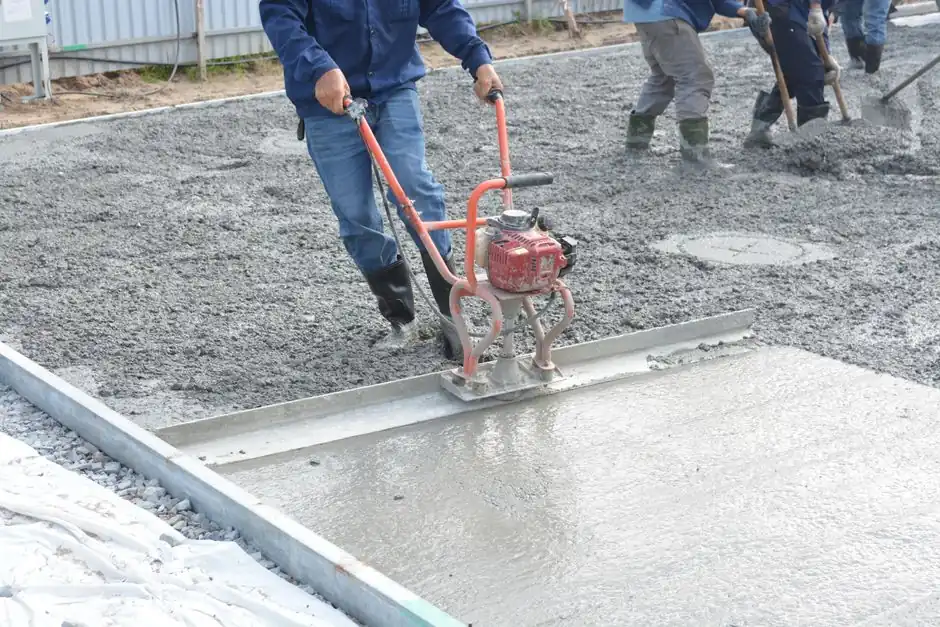 Team of construction workers using power tools to level freshly poured concrete on a building site.